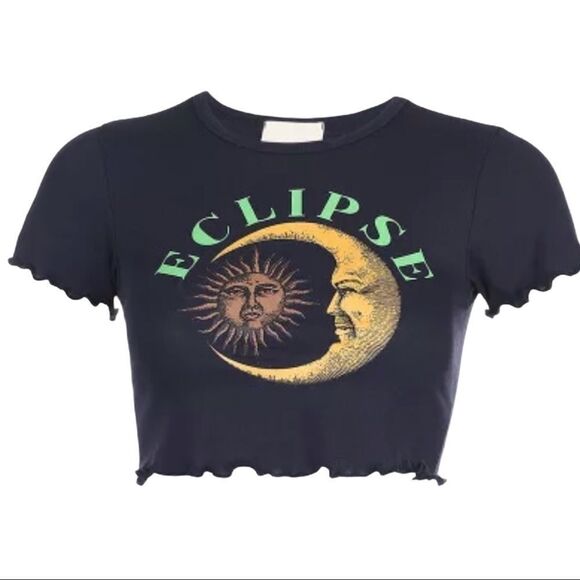 Black Celestial Sun Short Sleeve Cropped Top NEW - Picture 3 of 4